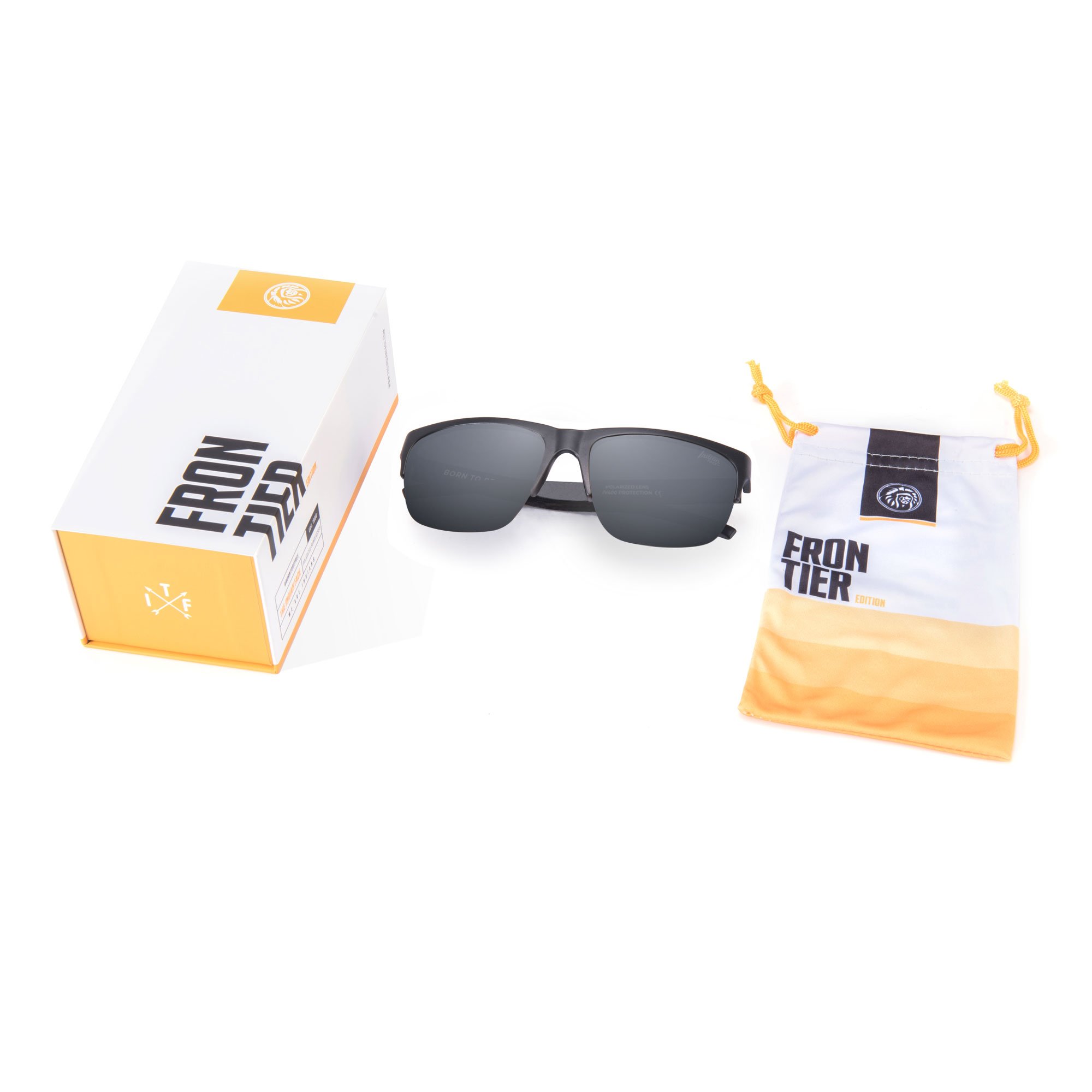 Frontier Black/Black sunglasses featuring polarized lenses and a lightweight frame, perfect for outdoor activities.