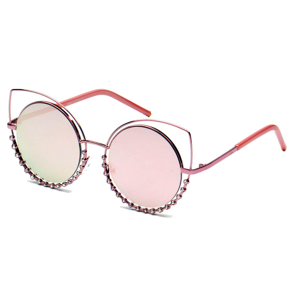 Holland Pearl-Studded Cut-Out Cat Eye Princess Sunglasses with a unique design and mirrored lenses.