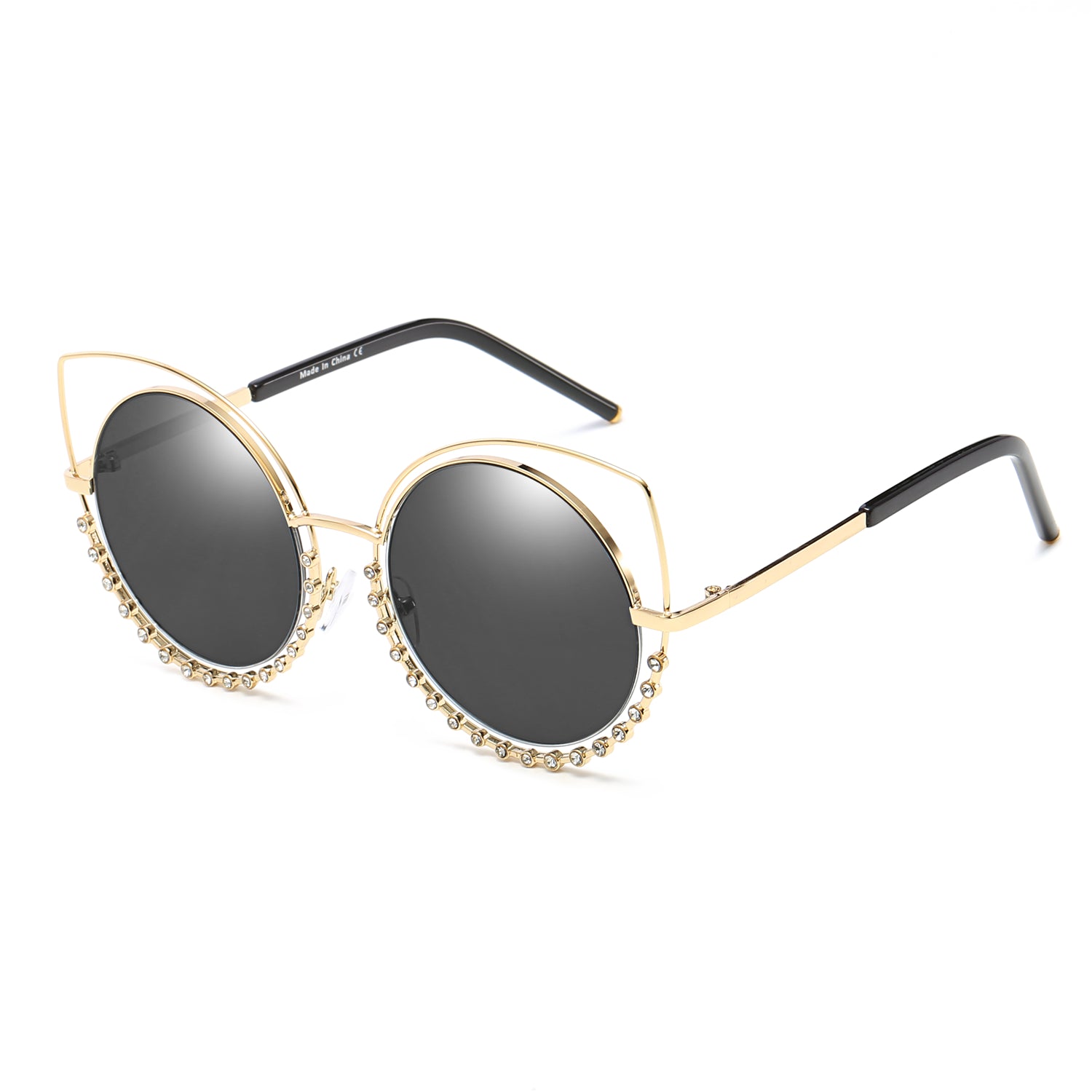 Holland Pearl-Studded Cut-Out Cat Eye Princess Sunglasses with a unique design and mirrored lenses.