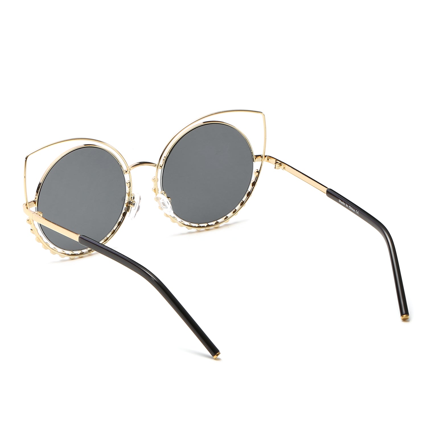 Holland Pearl-Studded Cut-Out Cat Eye Princess Sunglasses with a unique design and mirrored lenses.