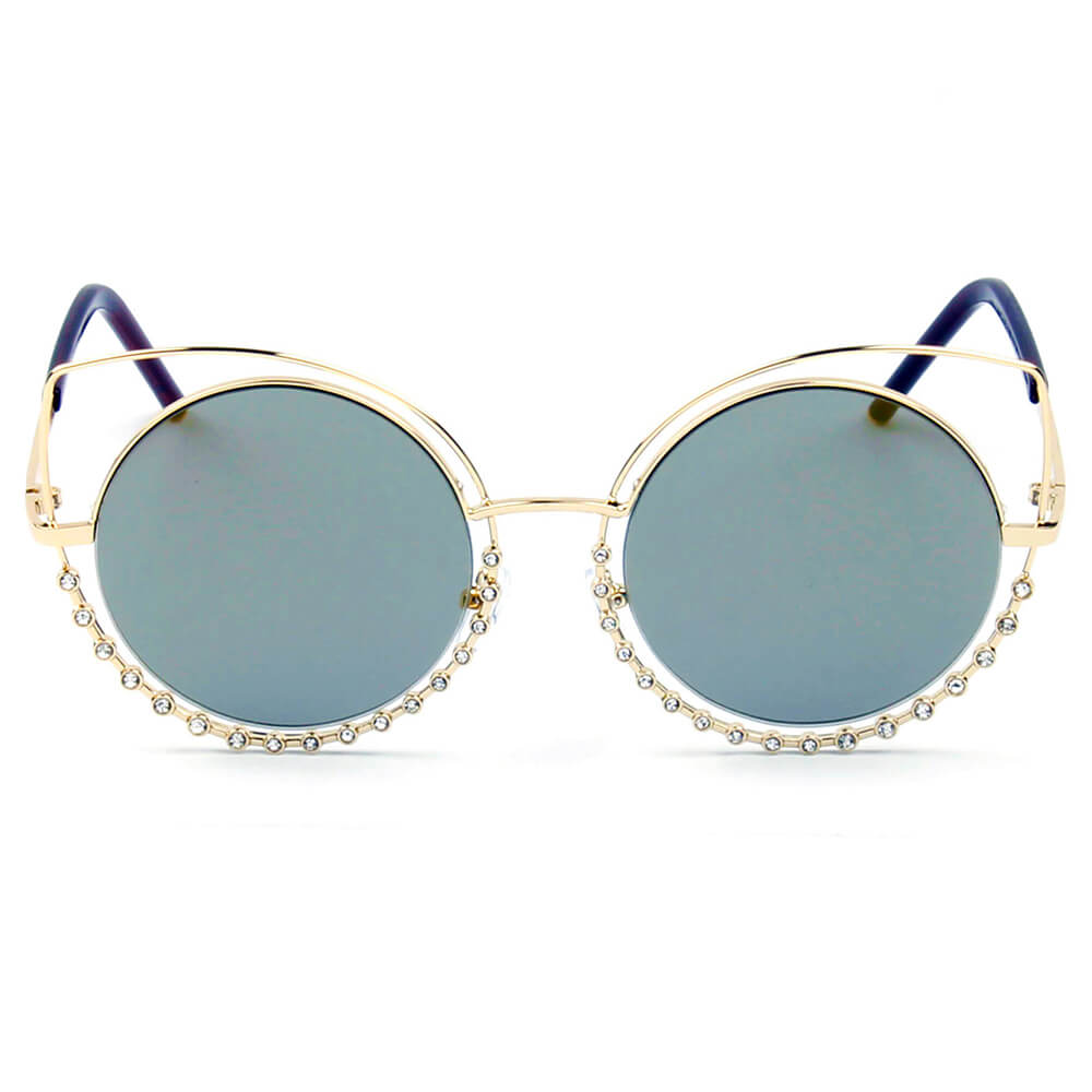 Holland Pearl-Studded Cut-Out Cat Eye Princess Sunglasses with a unique design and mirrored lenses.
