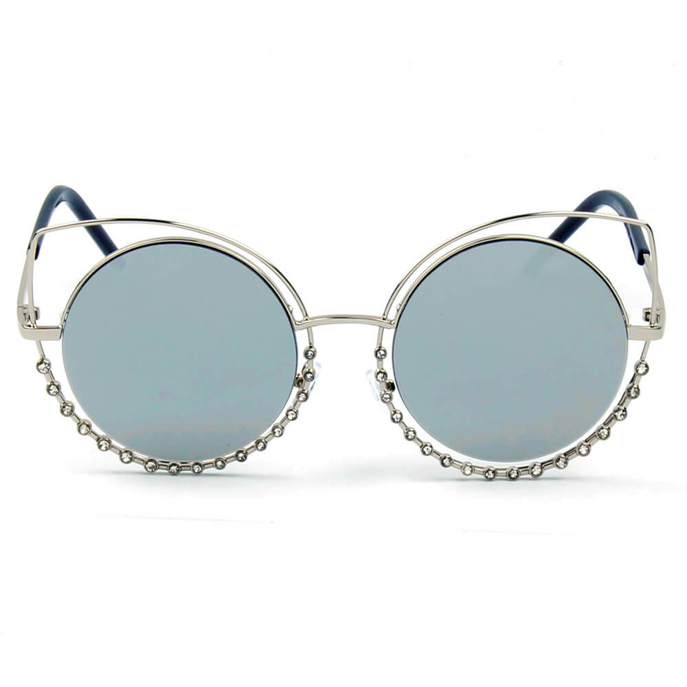 Holland Pearl-Studded Cut-Out Cat Eye Princess Sunglasses with a unique design and mirrored lenses.