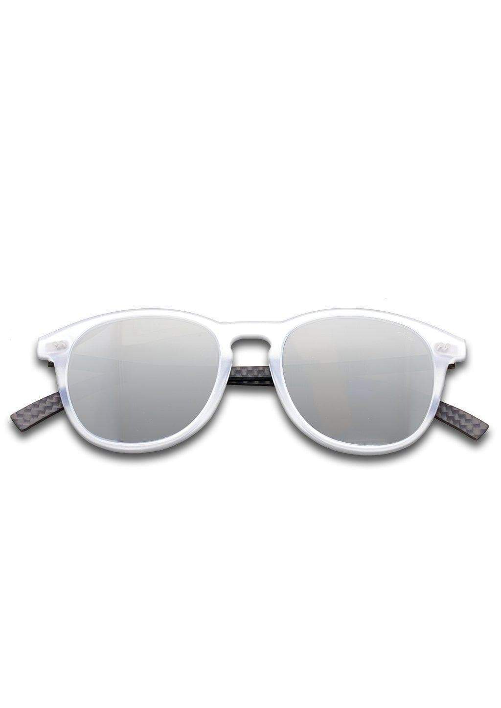 Hybrid Halo sunglasses featuring a round design with carbon fiber and acetate materials, showcasing various lens colors.