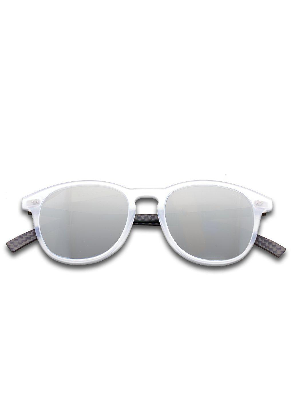 Hybrid Halo sunglasses featuring a round design with carbon fiber and acetate materials, showcasing various lens colors.