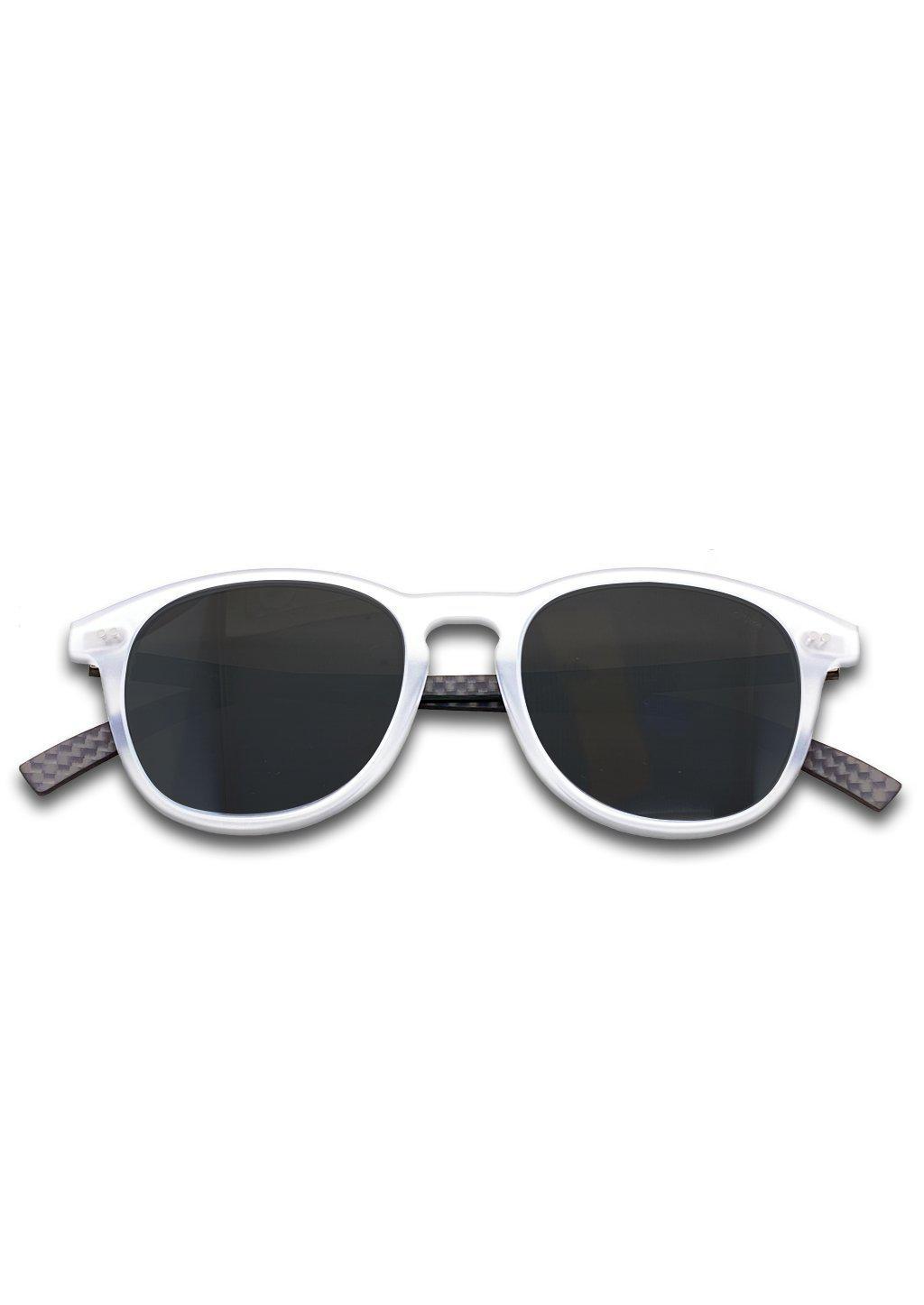Hybrid Halo sunglasses featuring a round design with carbon fiber and acetate materials, showcasing various lens colors.