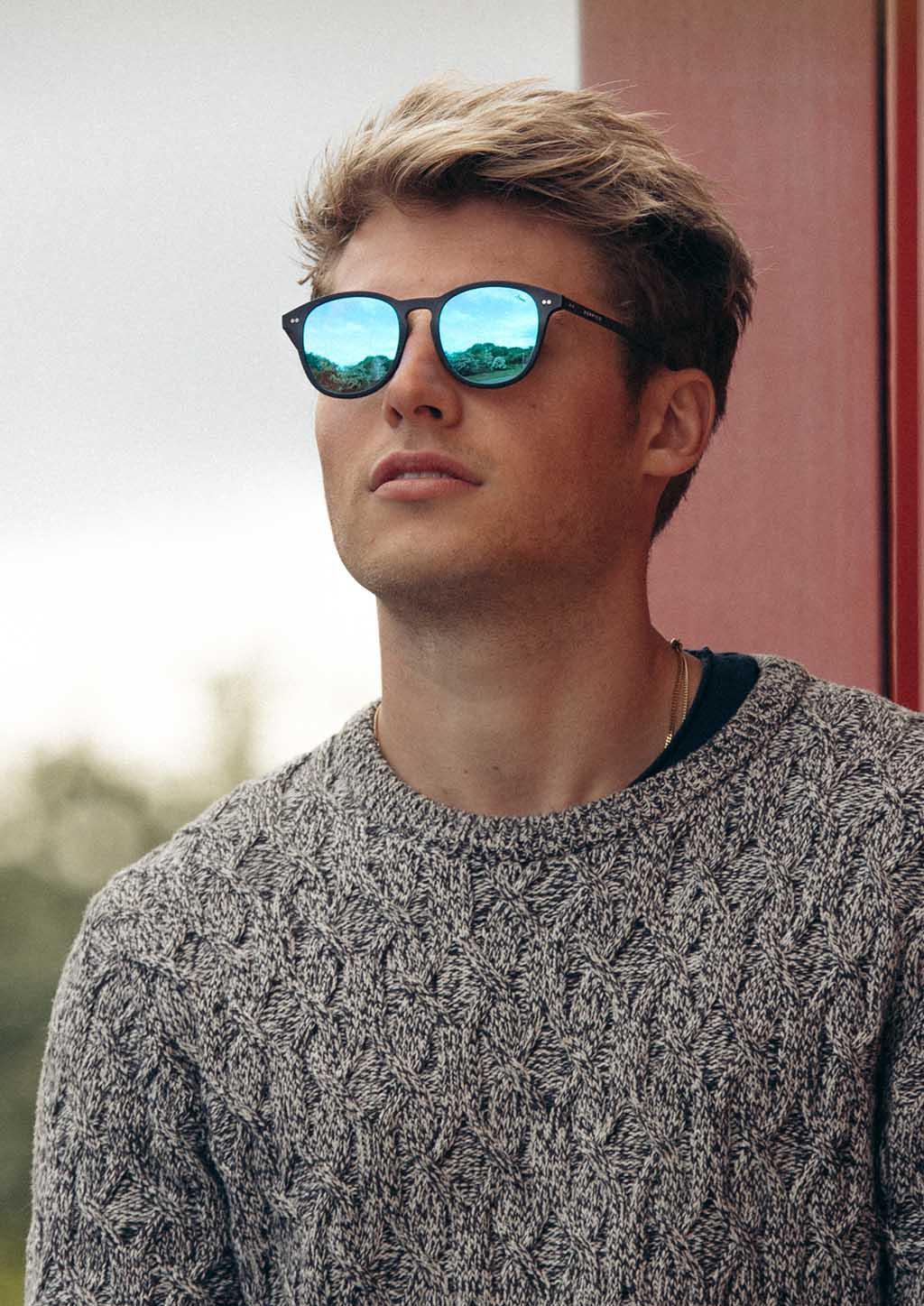Hybrid Halo sunglasses featuring a round design with carbon fiber and acetate materials, showcasing various lens colors.