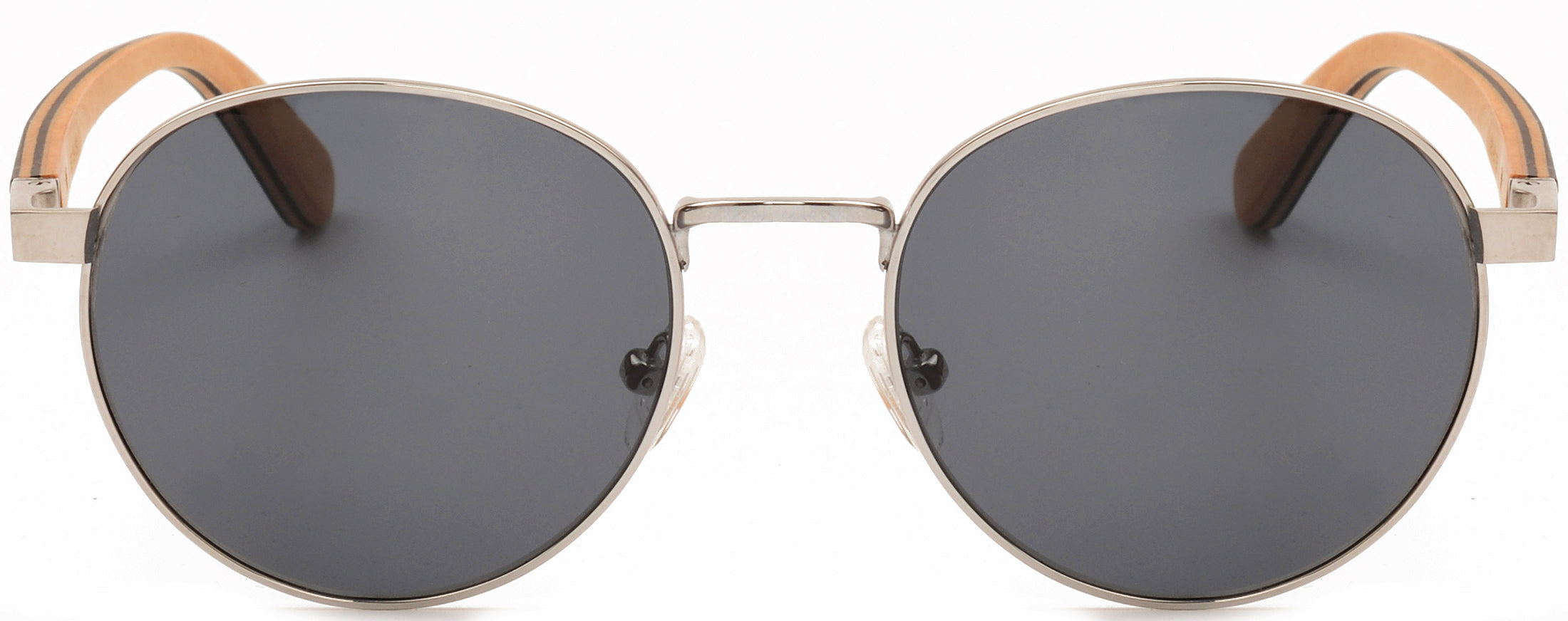 Jamie Titanium & Wood Sunglasses featuring a round design with natural wood temples and a titanium frame.