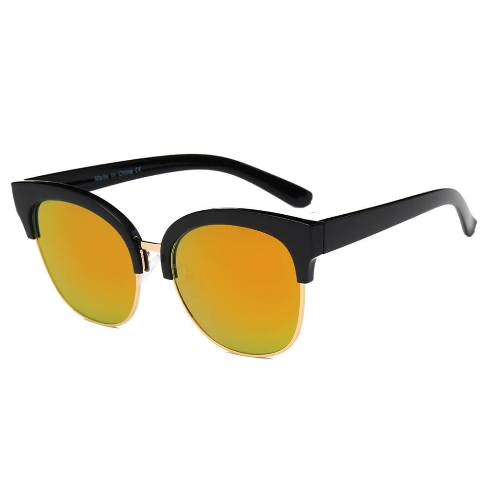 Jenison Flat Mirrored Lens Clubmaster Horned Rim Sunglasses with metal frame and reflective lenses.