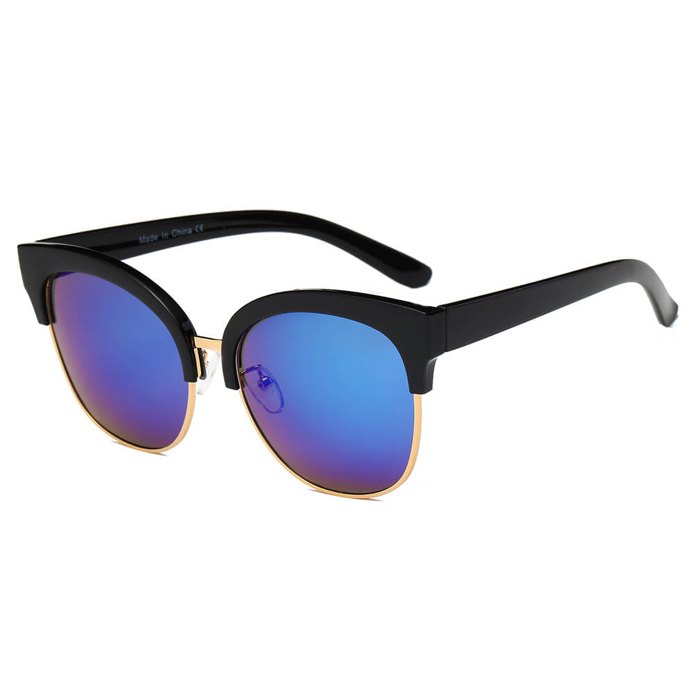 Jenison Flat Mirrored Lens Clubmaster Horned Rim Sunglasses with metal frame and reflective lenses.