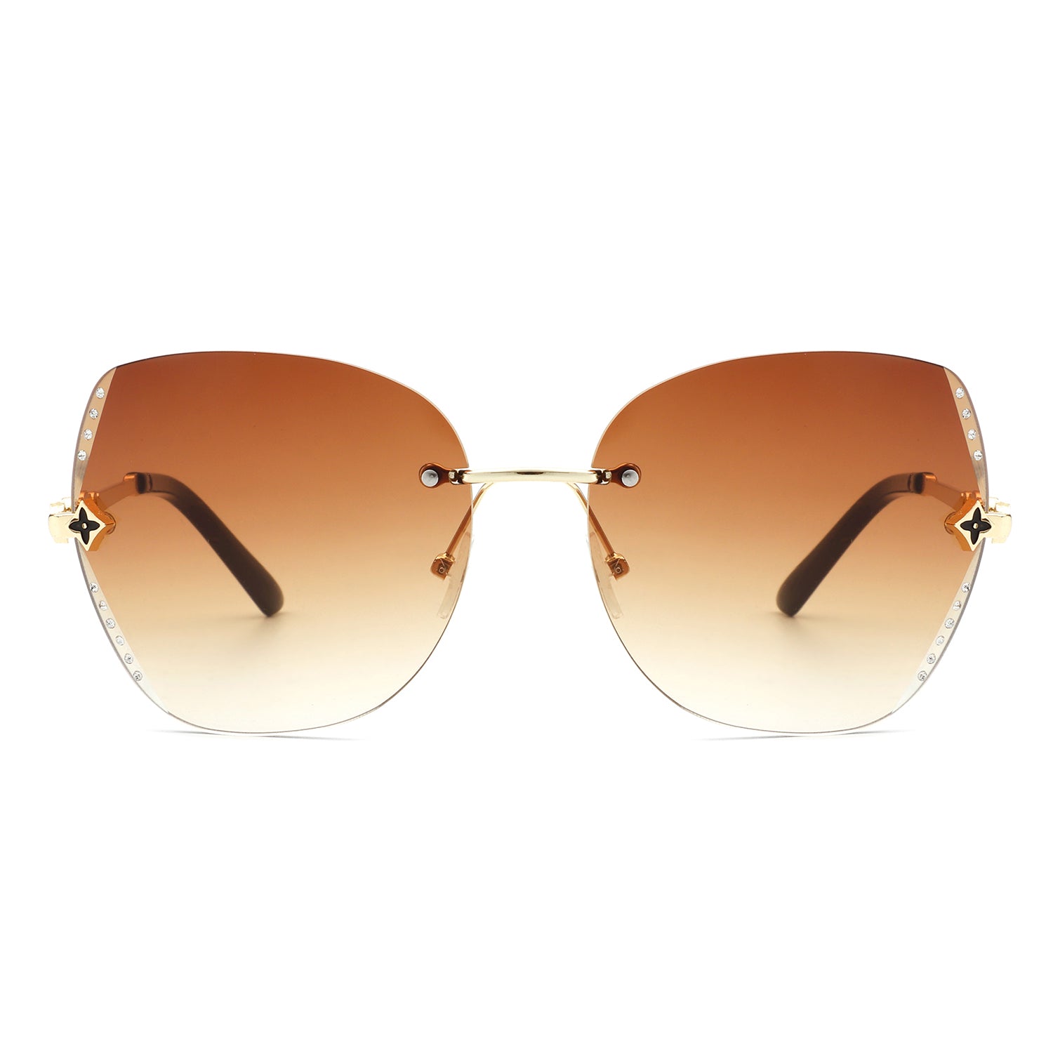 Kineticx Oversize Rimless Butterfly Sunglasses with tinted lenses and rhinestone accents, showcasing a stylish and glamorous design.