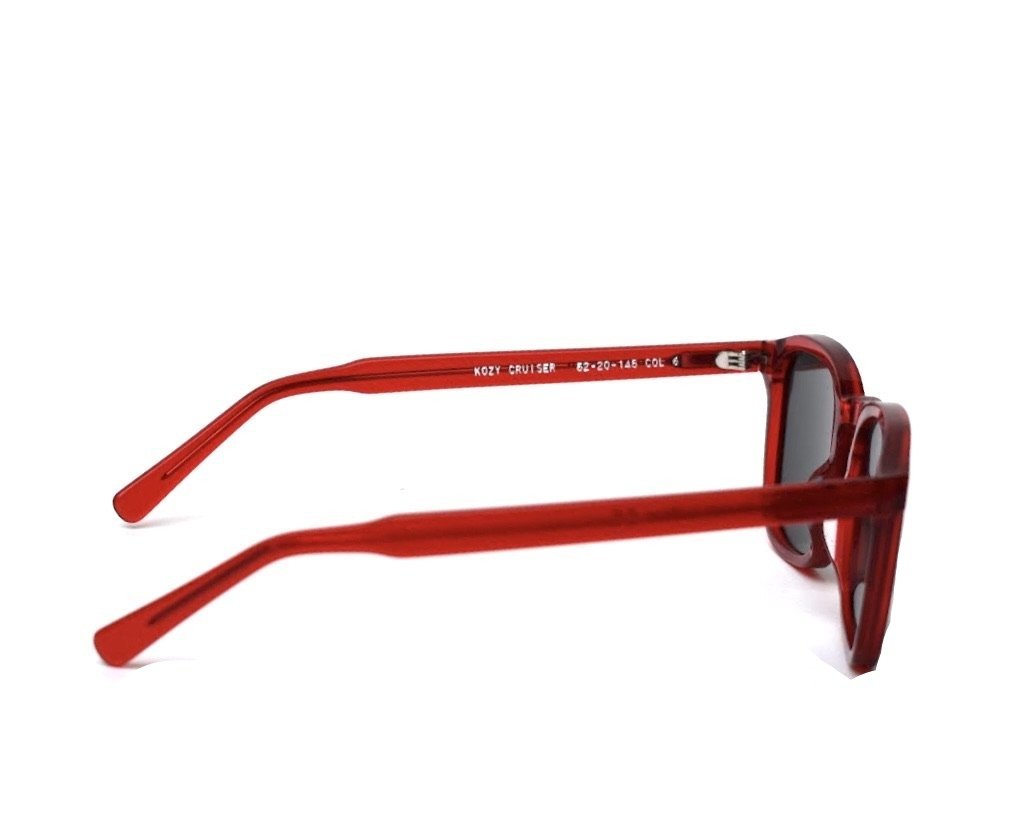 Kozy Cruiser Crystal Red eyewear featuring a stylish acetate frame and Zeiss CR39 lenses.