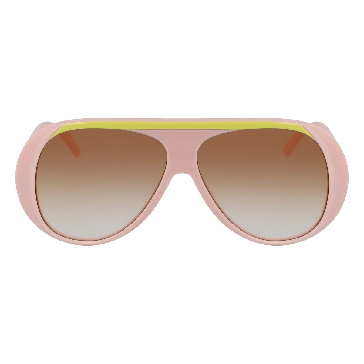 Pink aviator sunglasses with yellow accent.