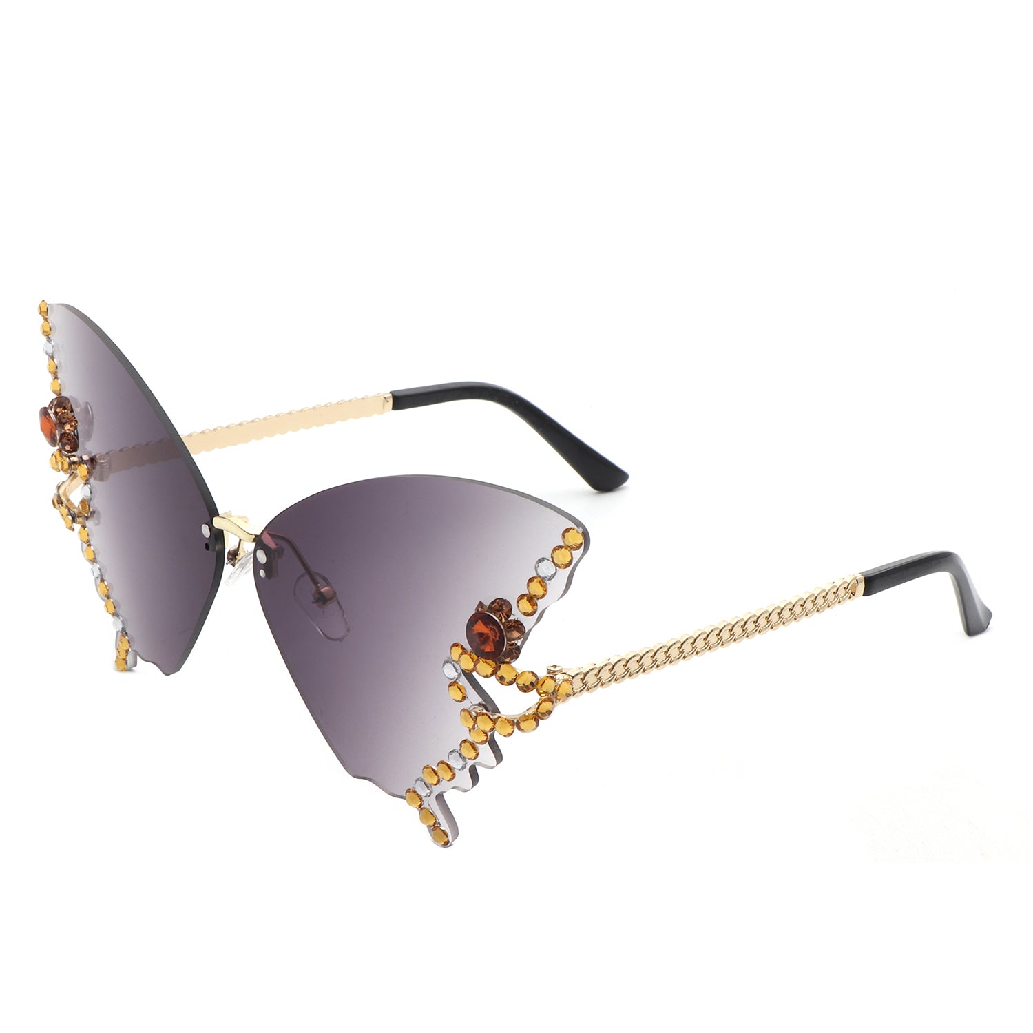 Lyrin Rimless Oversize Rhinestone Butterfly Women Fashion Sunglasses with a stylish design and assorted colors.