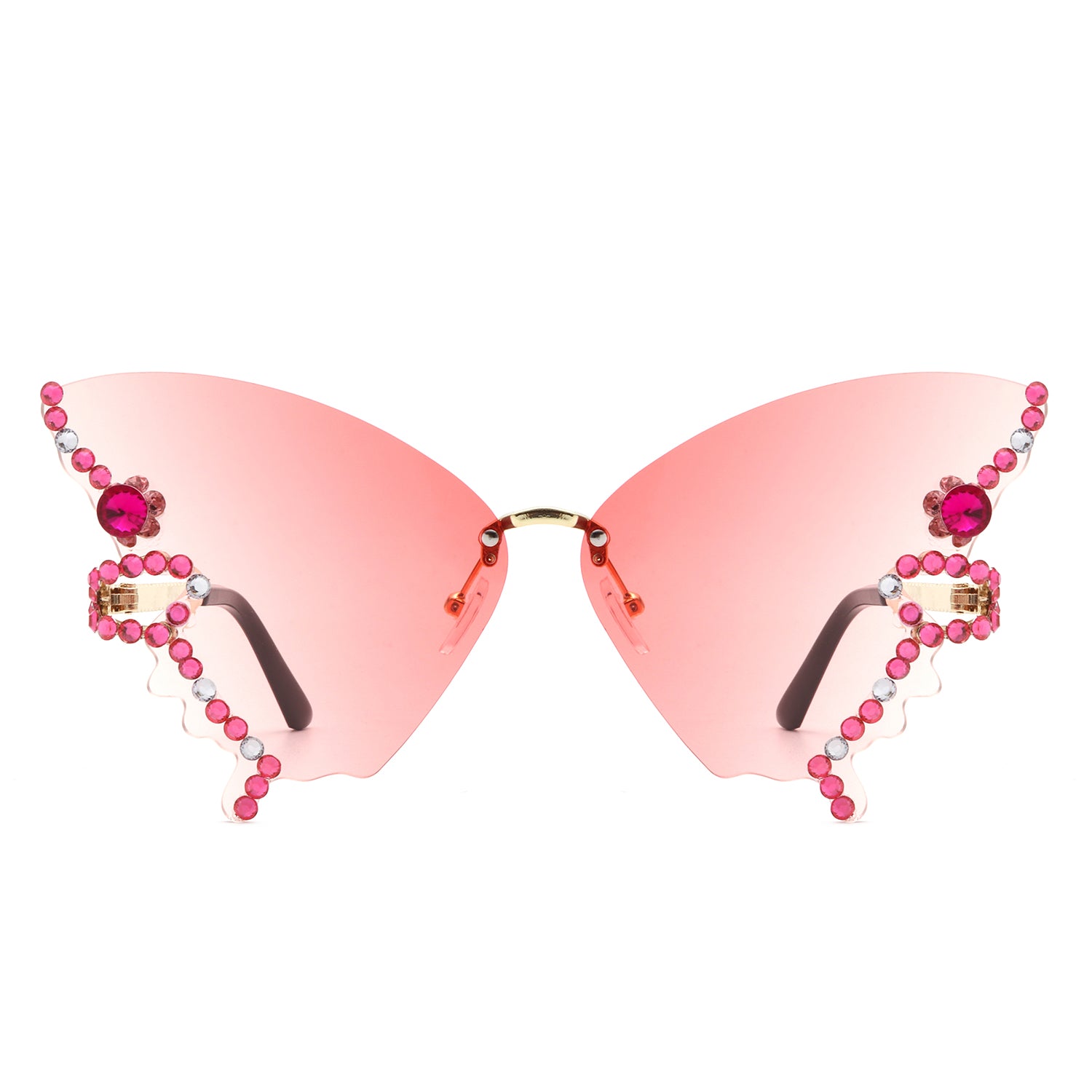 Lyrin Rimless Oversize Rhinestone Butterfly Women Fashion Sunglasses with a stylish design and assorted colors.