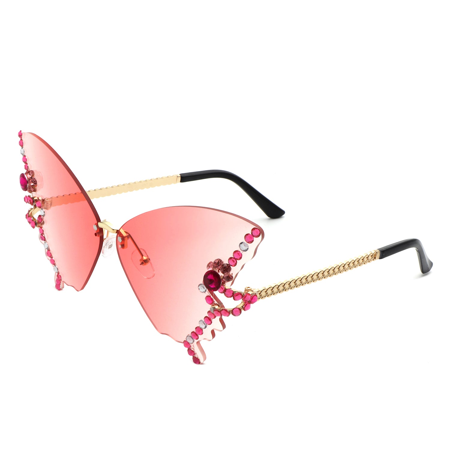 Lyrin Rimless Oversize Rhinestone Butterfly Women Fashion Sunglasses with a stylish design and assorted colors.