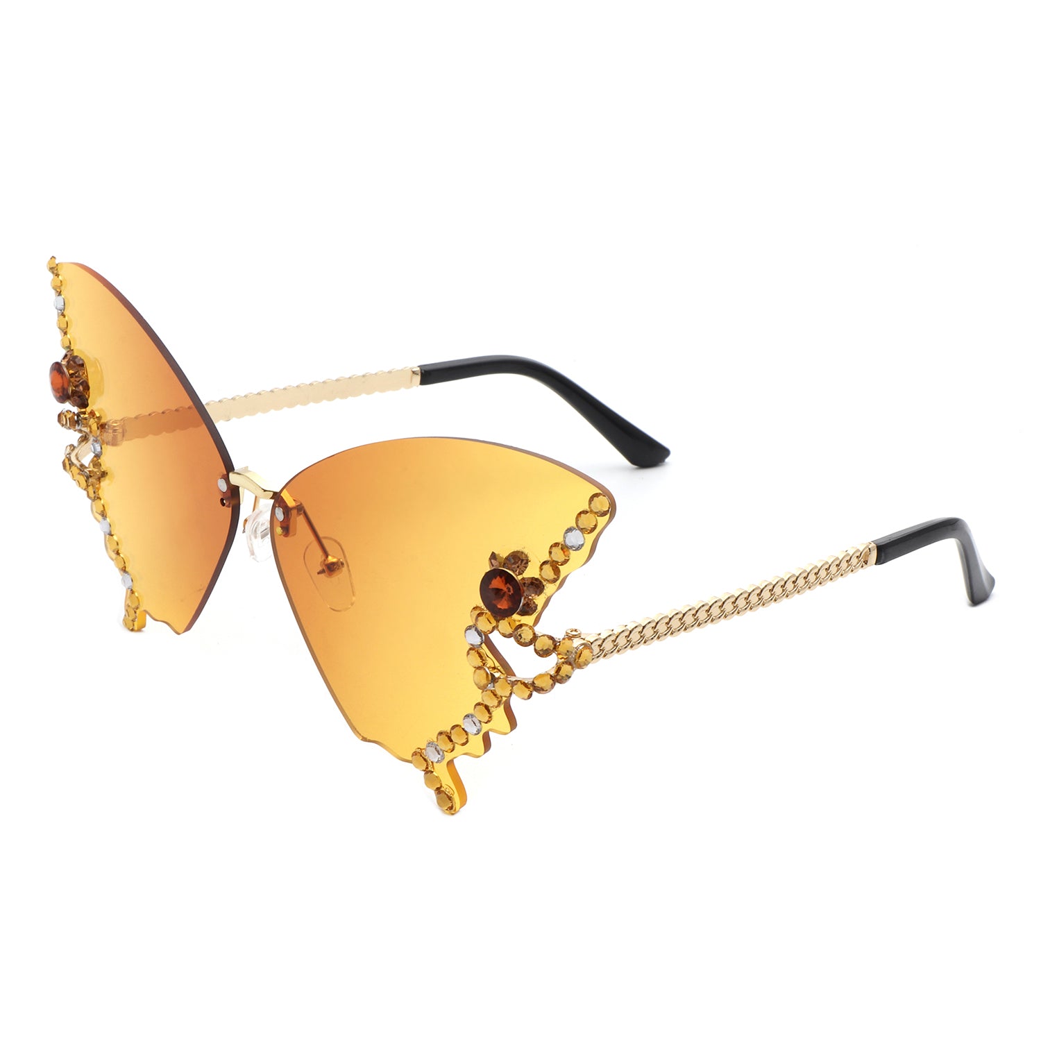 Lyrin Rimless Oversize Rhinestone Butterfly Women Fashion Sunglasses with a stylish design and assorted colors.
