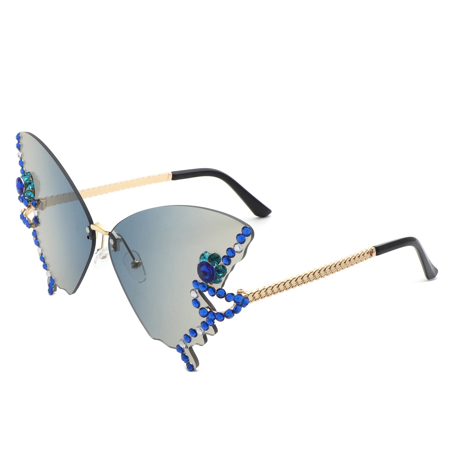 Lyrin Rimless Oversize Rhinestone Butterfly Women Fashion Sunglasses with a stylish design and assorted colors.