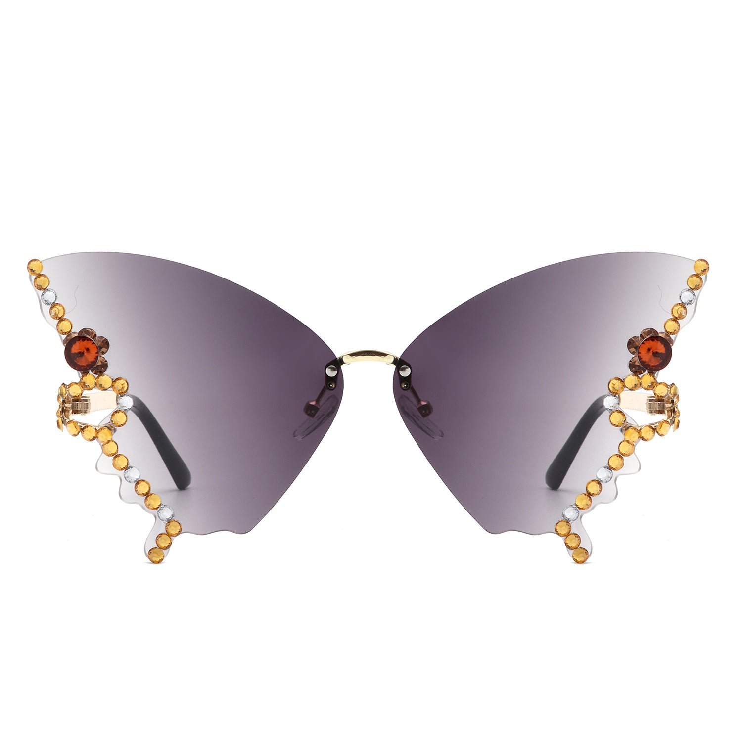 Lyrin Rimless Oversize Rhinestone Butterfly Women Fashion Sunglasses with a stylish design and assorted colors.