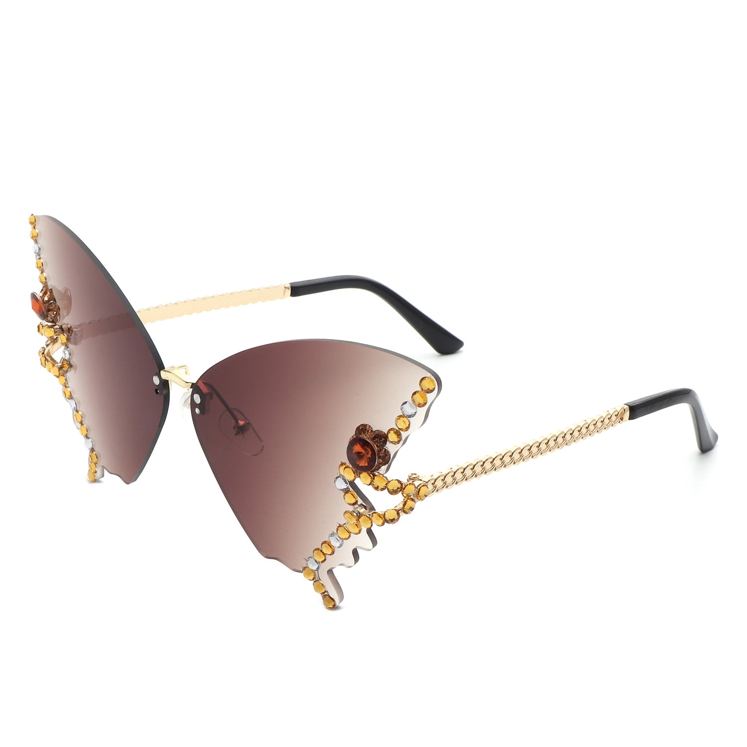 Lyrin Rimless Oversize Rhinestone Butterfly Women Fashion Sunglasses with a stylish design and assorted colors.