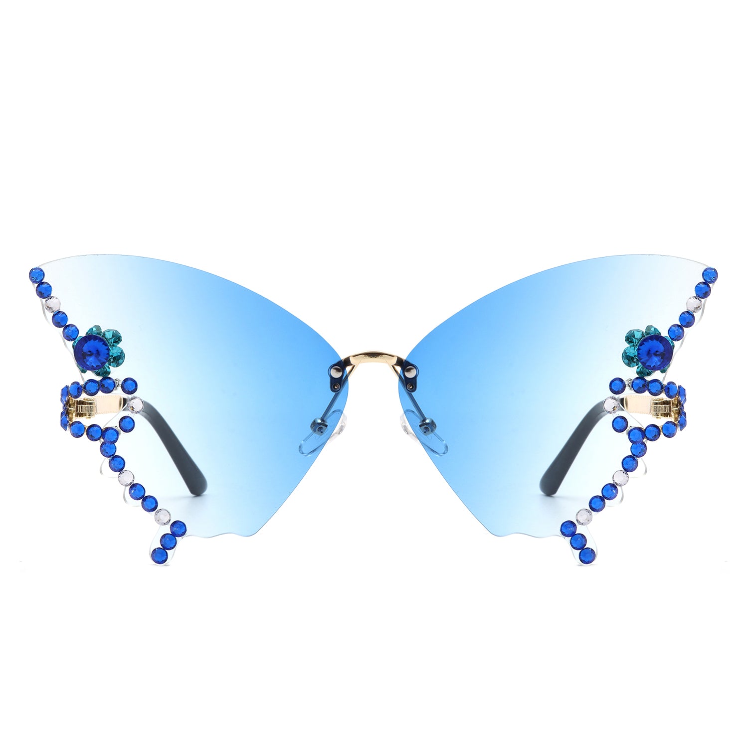 Lyrin Rimless Oversize Rhinestone Butterfly Women Fashion Sunglasses with a stylish design and assorted colors.