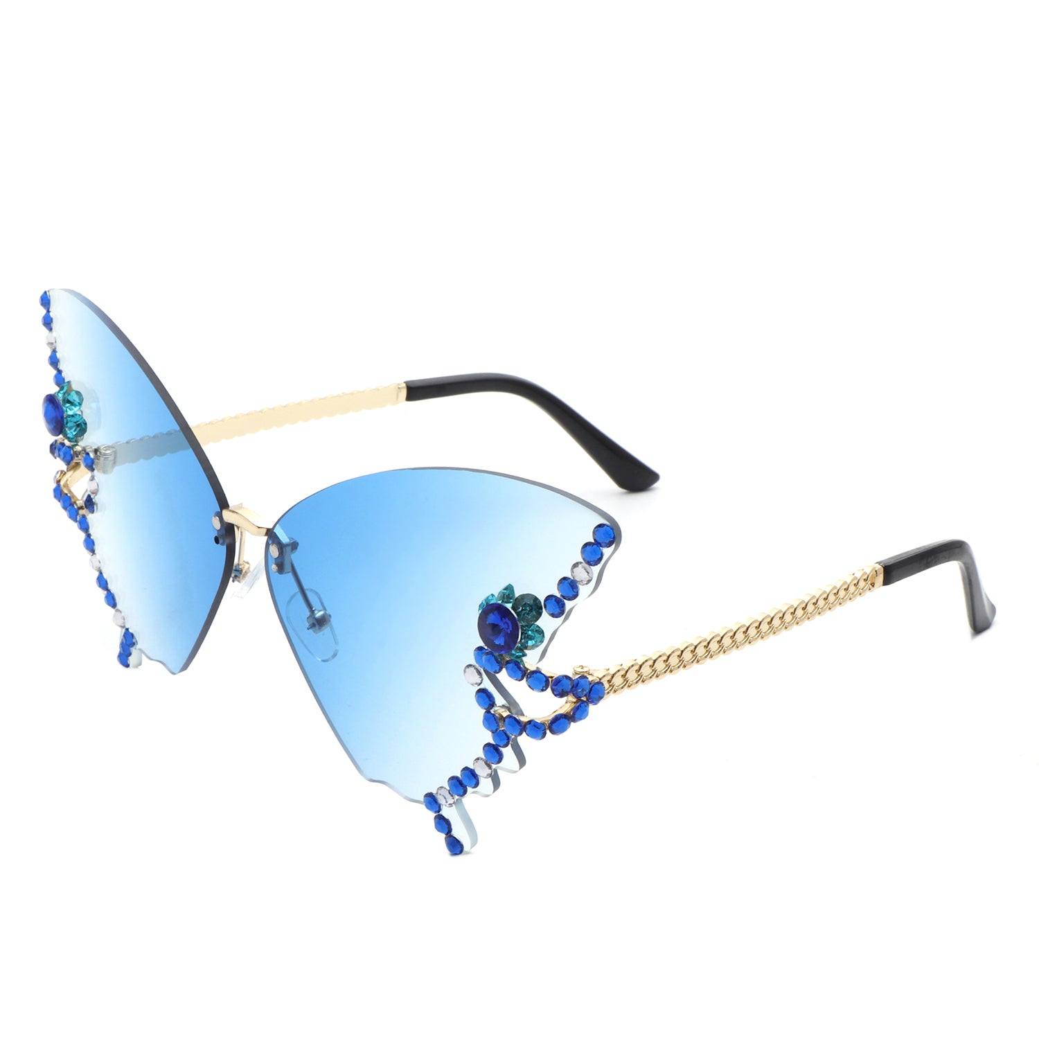 Lyrin Rimless Oversize Rhinestone Butterfly Women Fashion Sunglasses with a stylish design and assorted colors.