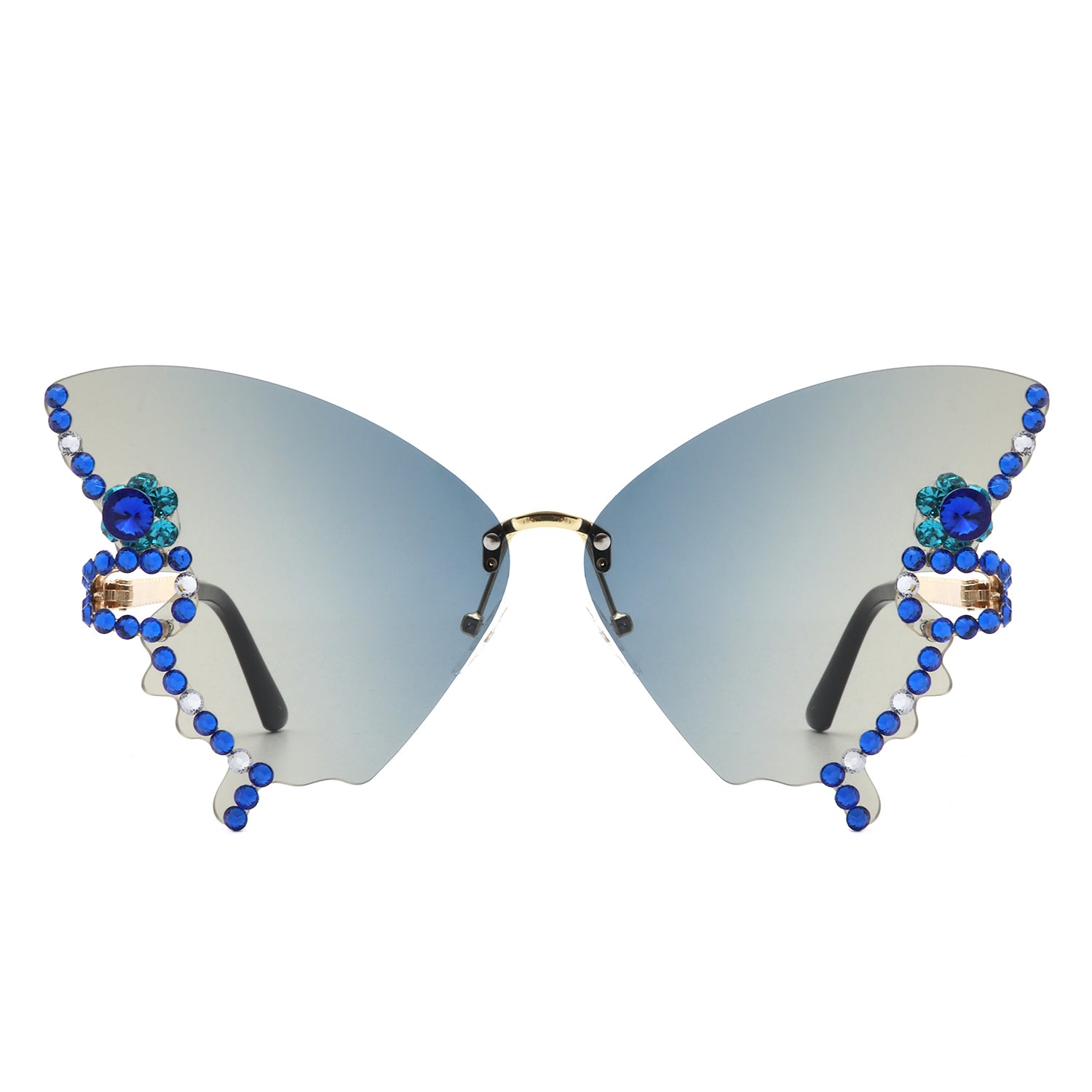 Lyrin Rimless Oversize Rhinestone Butterfly Women Fashion Sunglasses with a stylish design and assorted colors.