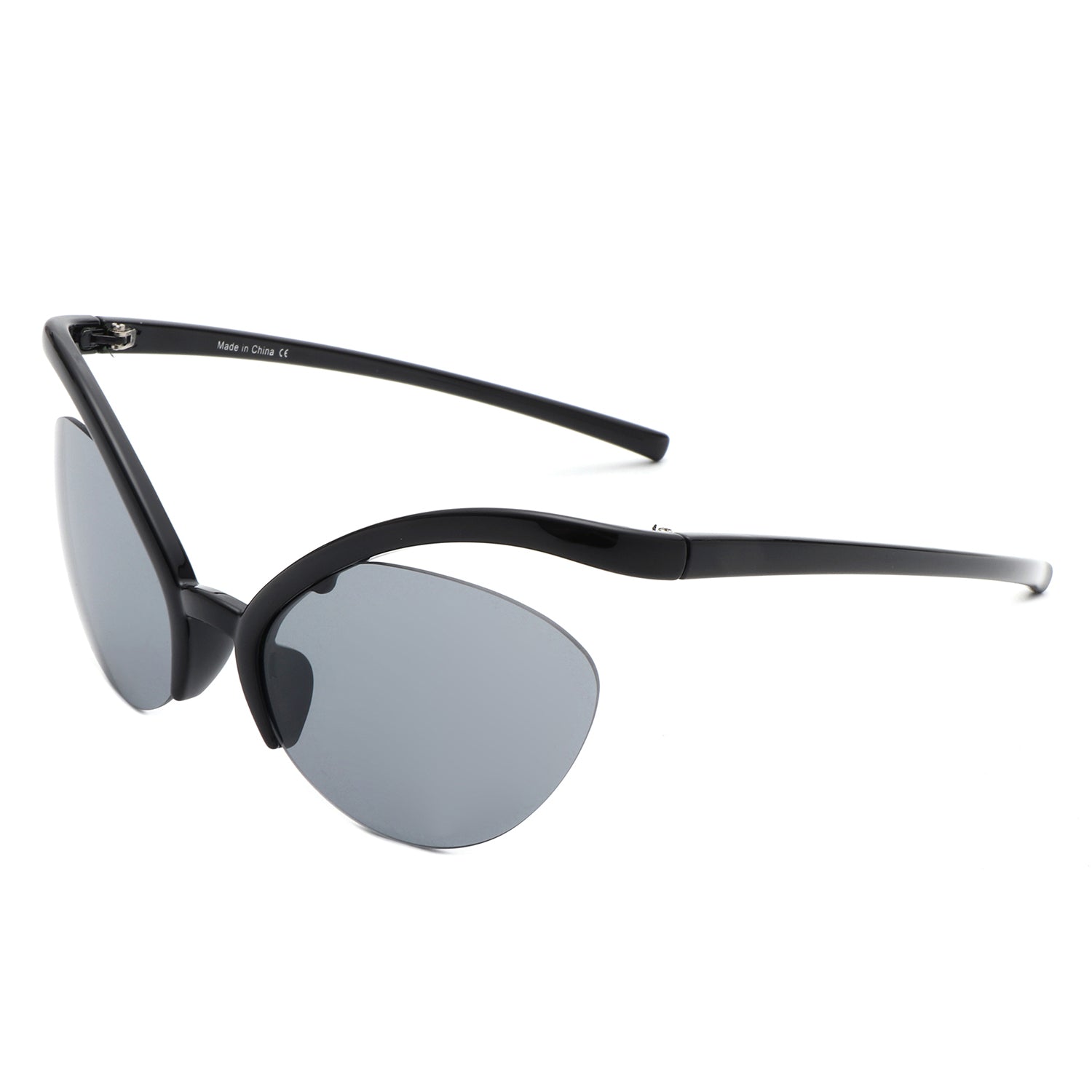 Lysara futuristic rimless oval irregular cat eye sunglasses with lightweight plastic frames and impact-resistant lenses.