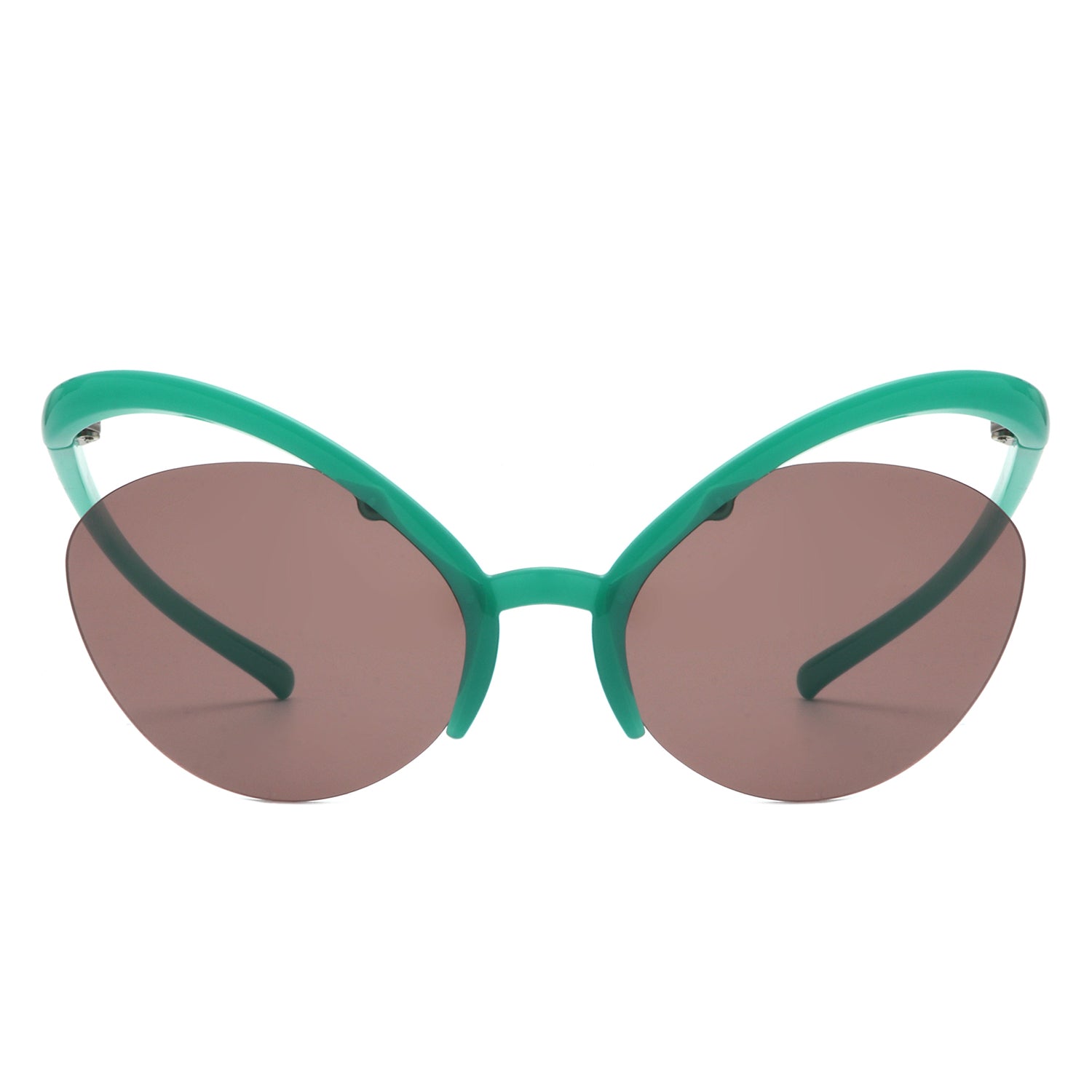 Lysara futuristic rimless oval irregular cat eye sunglasses with lightweight plastic frames and impact-resistant lenses.