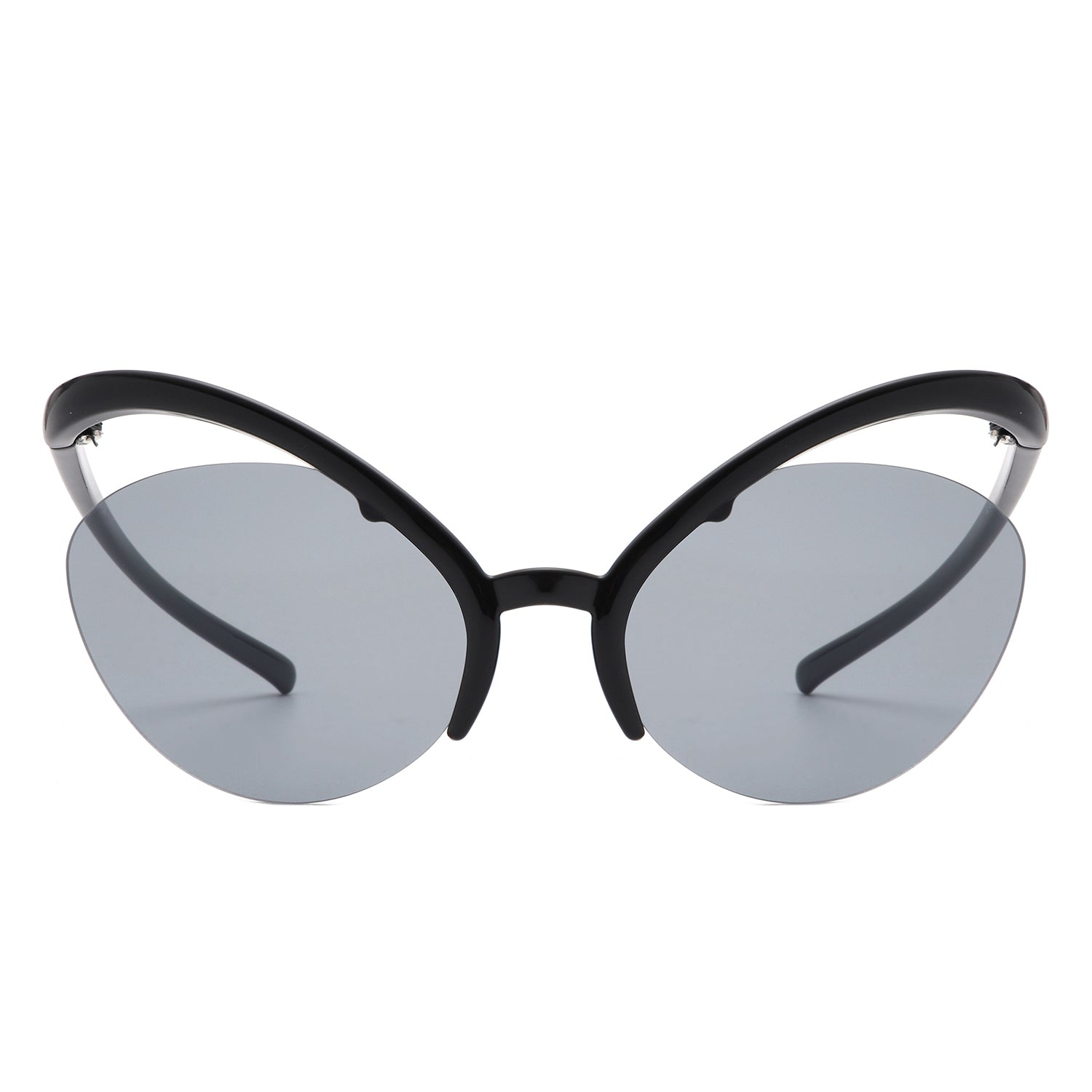 Lysara futuristic rimless oval irregular cat eye sunglasses with lightweight plastic frames and impact-resistant lenses.
