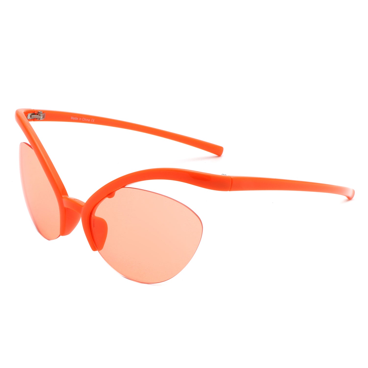 Lysara futuristic rimless oval irregular cat eye sunglasses with lightweight plastic frames and impact-resistant lenses.