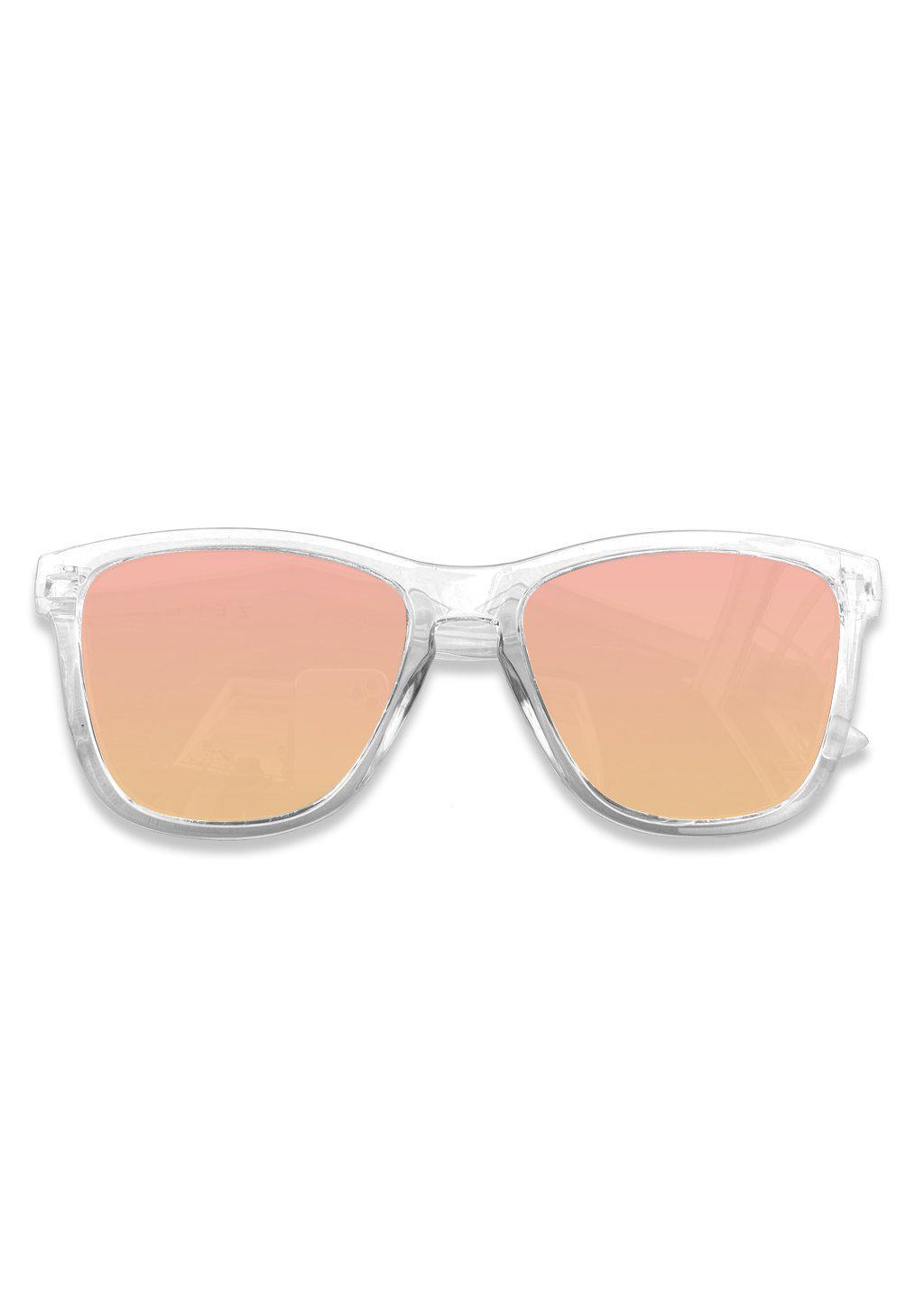 MOOD Wayfarer V2 - Firefly sunglasses featuring a transparent frame and rosé mirror lenses, perfect for stylish outdoor adventures.