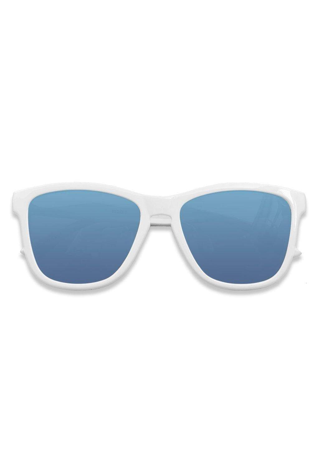 MOOD Wayfarer V2 - Husky sunglasses featuring a solid white frame and blue polarized lenses, perfect for stylish sun protection.