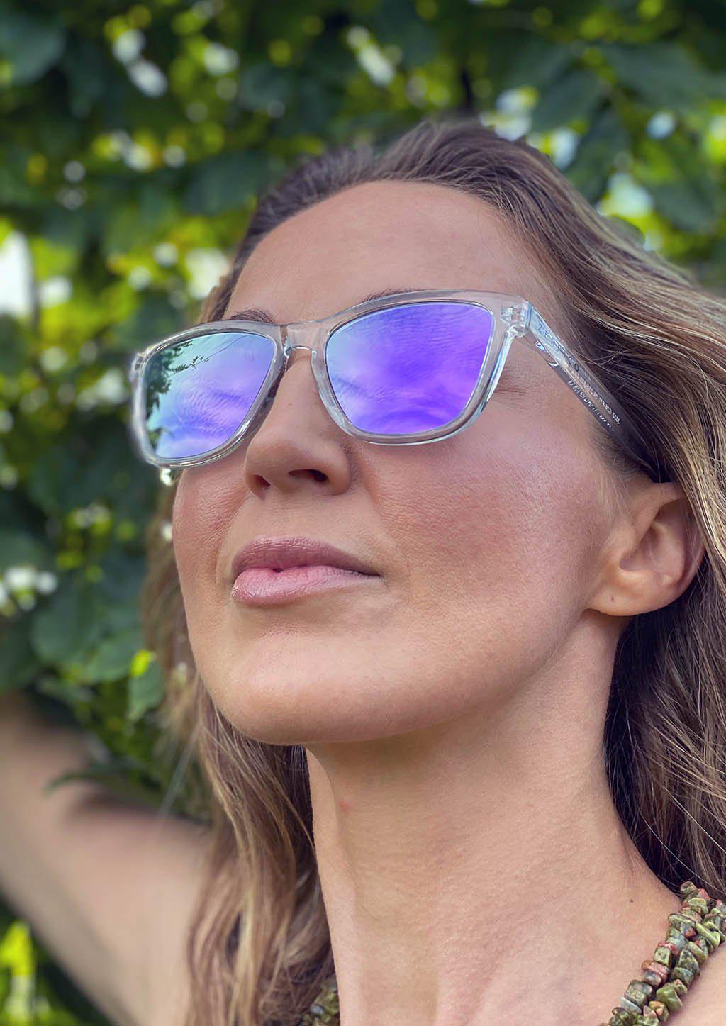 MOOD Wayfarer V2 - Lucid sunglasses featuring a transparent frame and purple mirror lenses, ideal for stylish outdoor adventures.