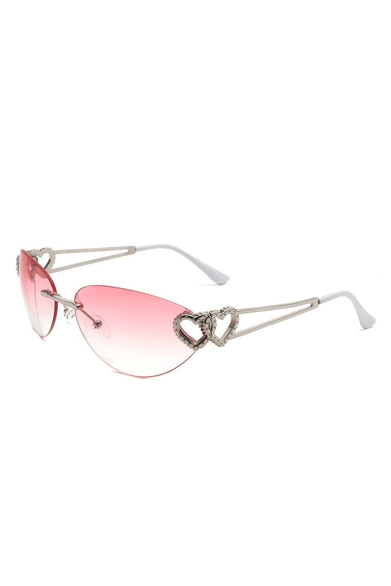 Myral Women's Chic Frameless Oval Heart Cat Eye Sunglasses showcasing a stylish design with a heart twist, perfect for fashion enthusiasts.