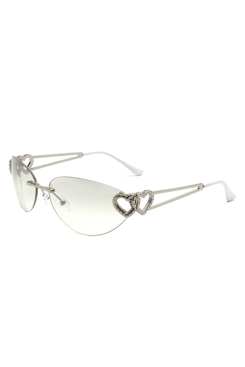 Myral Women's Chic Frameless Oval Heart Cat Eye Sunglasses showcasing a stylish design with a heart twist, perfect for fashion enthusiasts.