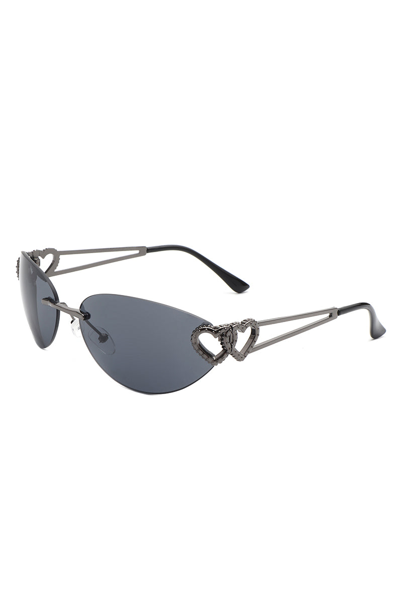 Myral Women's Chic Frameless Oval Heart Cat Eye Sunglasses showcasing a stylish design with a heart twist, perfect for fashion enthusiasts.