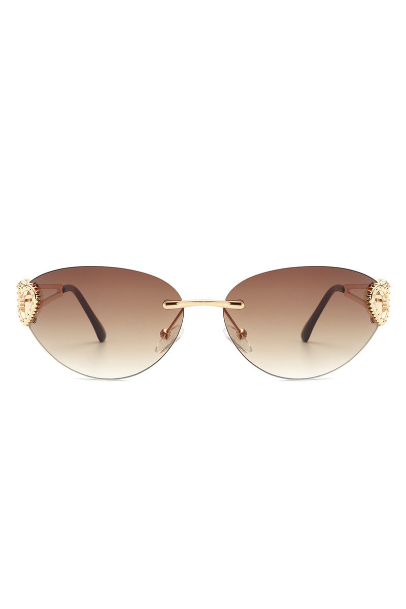 Myral Women's Chic Frameless Oval Heart Cat Eye Sunglasses showcasing a stylish design with a heart twist, perfect for fashion enthusiasts.