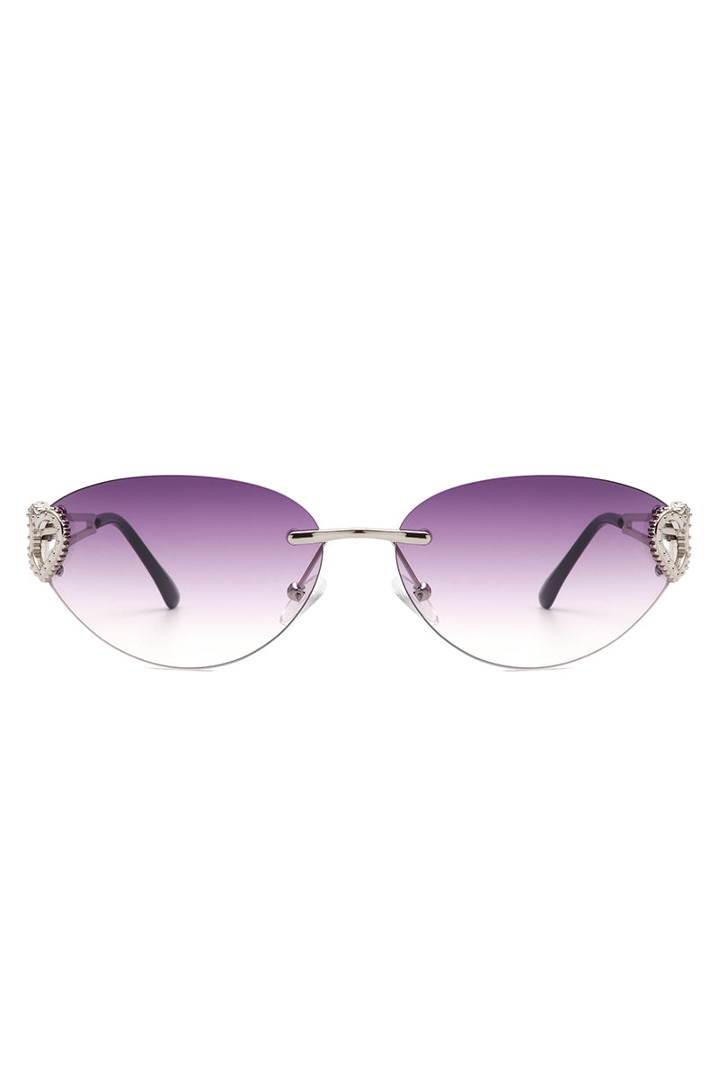 Myral Women's Chic Frameless Oval Heart Cat Eye Sunglasses showcasing a stylish design with a heart twist, perfect for fashion enthusiasts.
