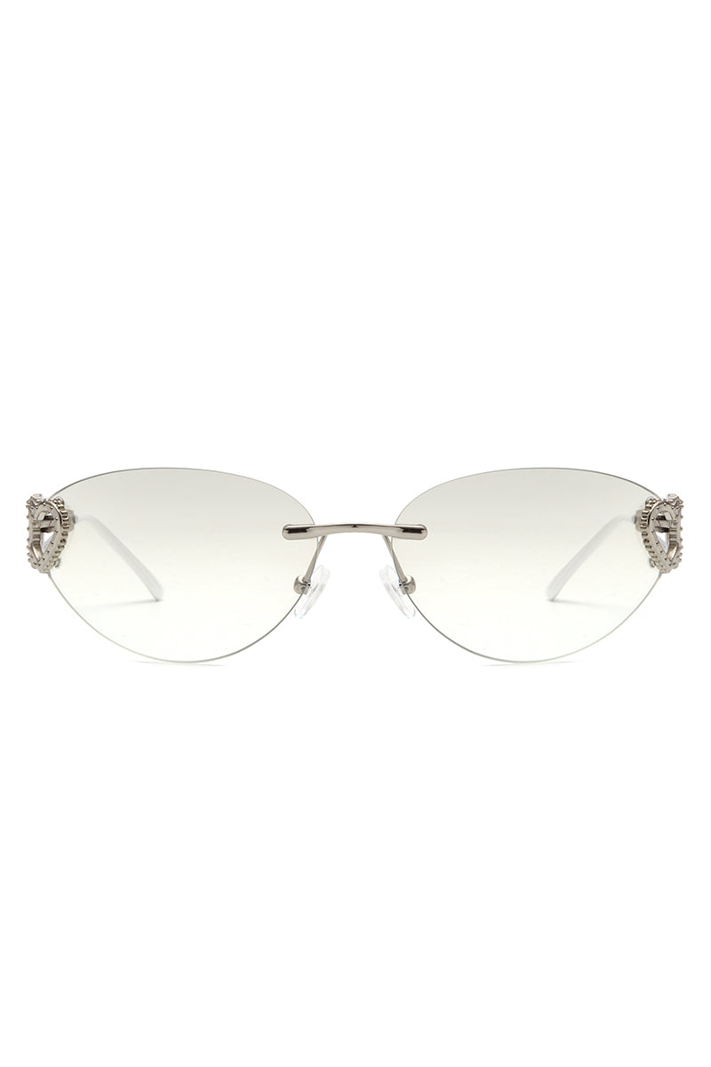 Myral Women's Chic Frameless Oval Heart Cat Eye Sunglasses showcasing a stylish design with a heart twist, perfect for fashion enthusiasts.