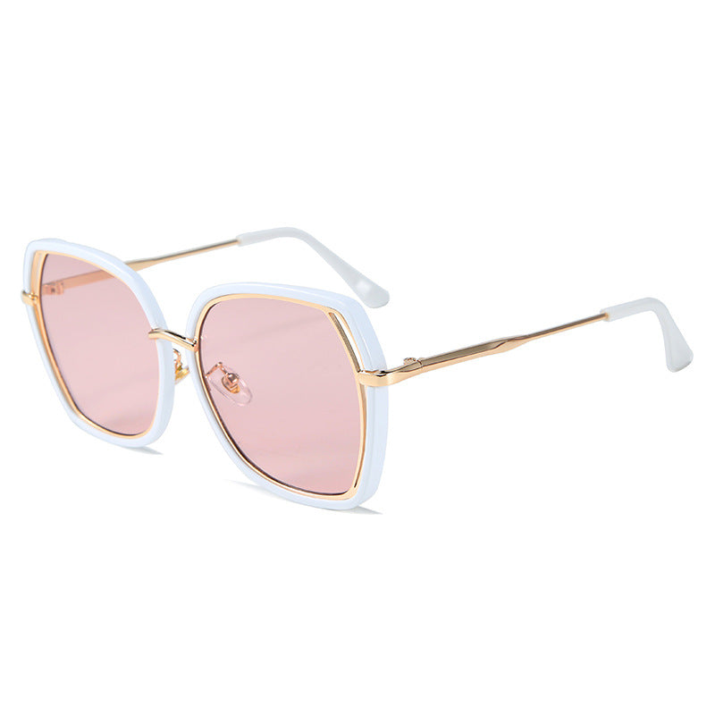 New Fashion Hollow Frame Street Fashion Sunglasses with irregular large frame design, available in multiple lens colors.