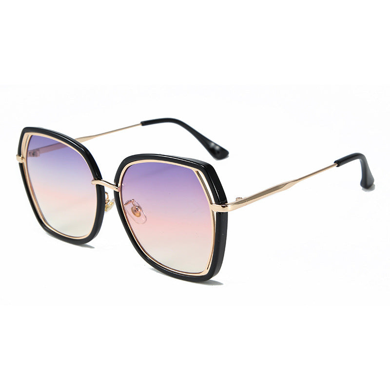 New Fashion Hollow Frame Street Fashion Sunglasses with irregular large frame design, available in multiple lens colors.