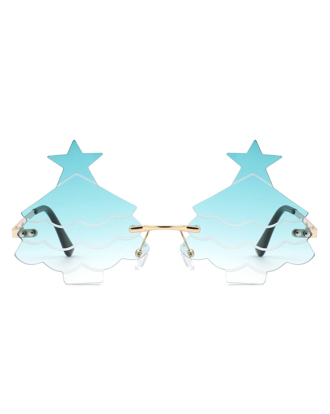 A pair of festive Christmas tree-shaped tinted sunglasses, showcasing vibrant colors and a whimsical design, perfect for holiday celebrations.