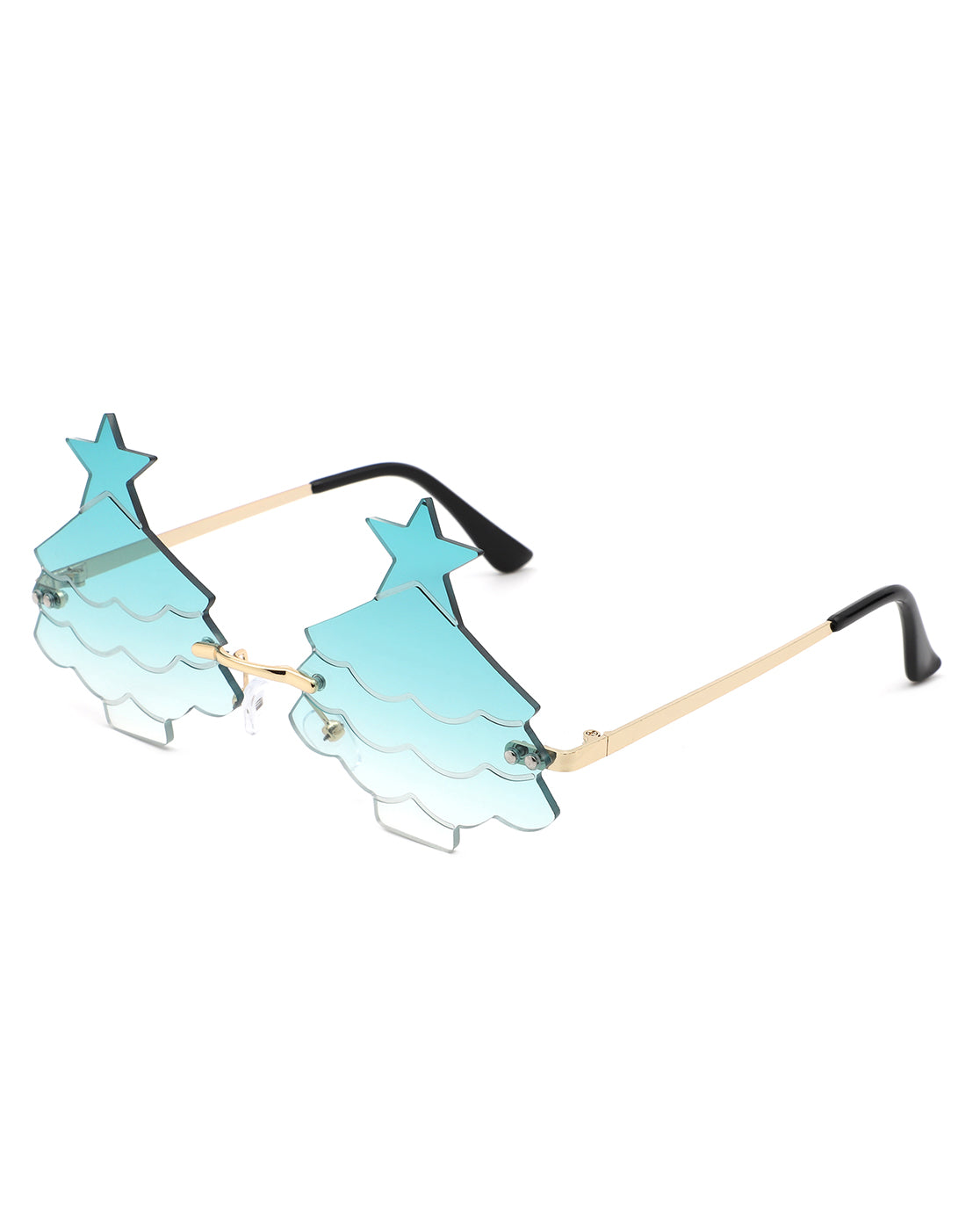 A pair of festive Christmas tree-shaped tinted sunglasses, showcasing vibrant colors and a whimsical design, perfect for holiday celebrations.