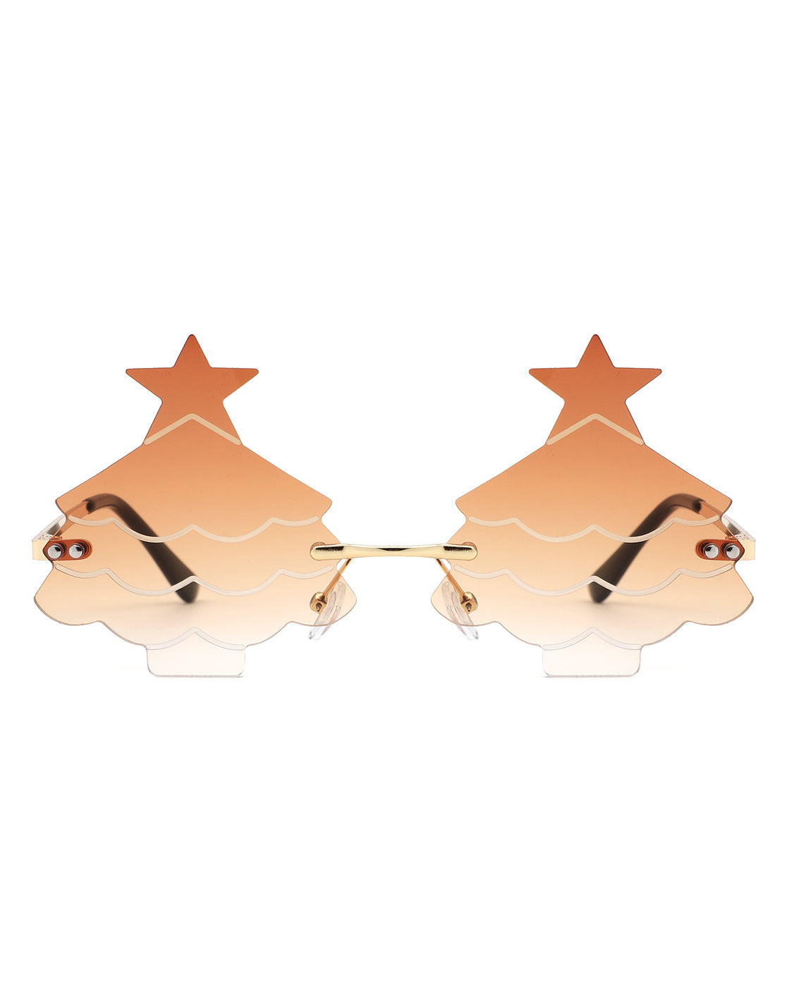 A pair of festive Christmas tree-shaped tinted sunglasses, showcasing vibrant colors and a whimsical design, perfect for holiday celebrations.