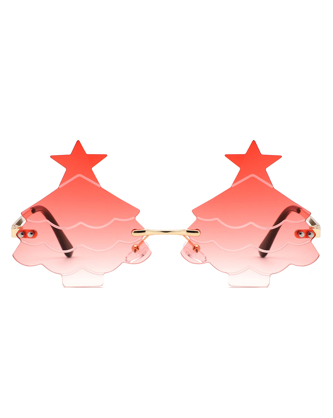 A pair of festive Christmas tree-shaped tinted sunglasses, showcasing vibrant colors and a whimsical design, perfect for holiday celebrations.
