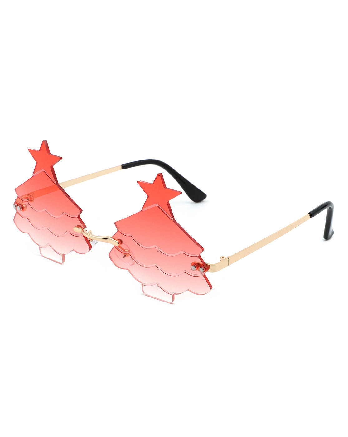 A pair of festive Christmas tree-shaped tinted sunglasses, showcasing vibrant colors and a whimsical design, perfect for holiday celebrations.