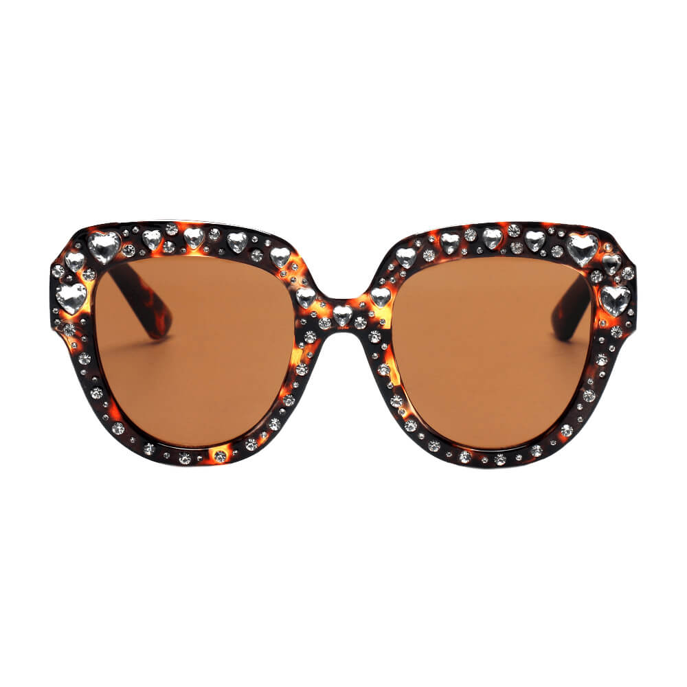 Stylish Ocala Women Round Cat Eye Fashion Sunglasses with rhinestones on frame and temple arms, perfect for a glamorous look.