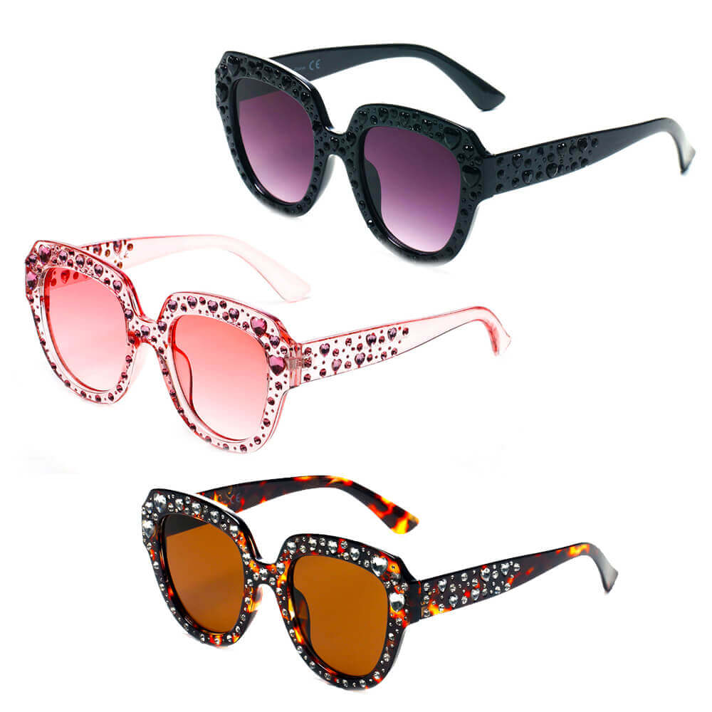 Stylish Ocala Women Round Cat Eye Fashion Sunglasses with rhinestones on frame and temple arms, perfect for a glamorous look.