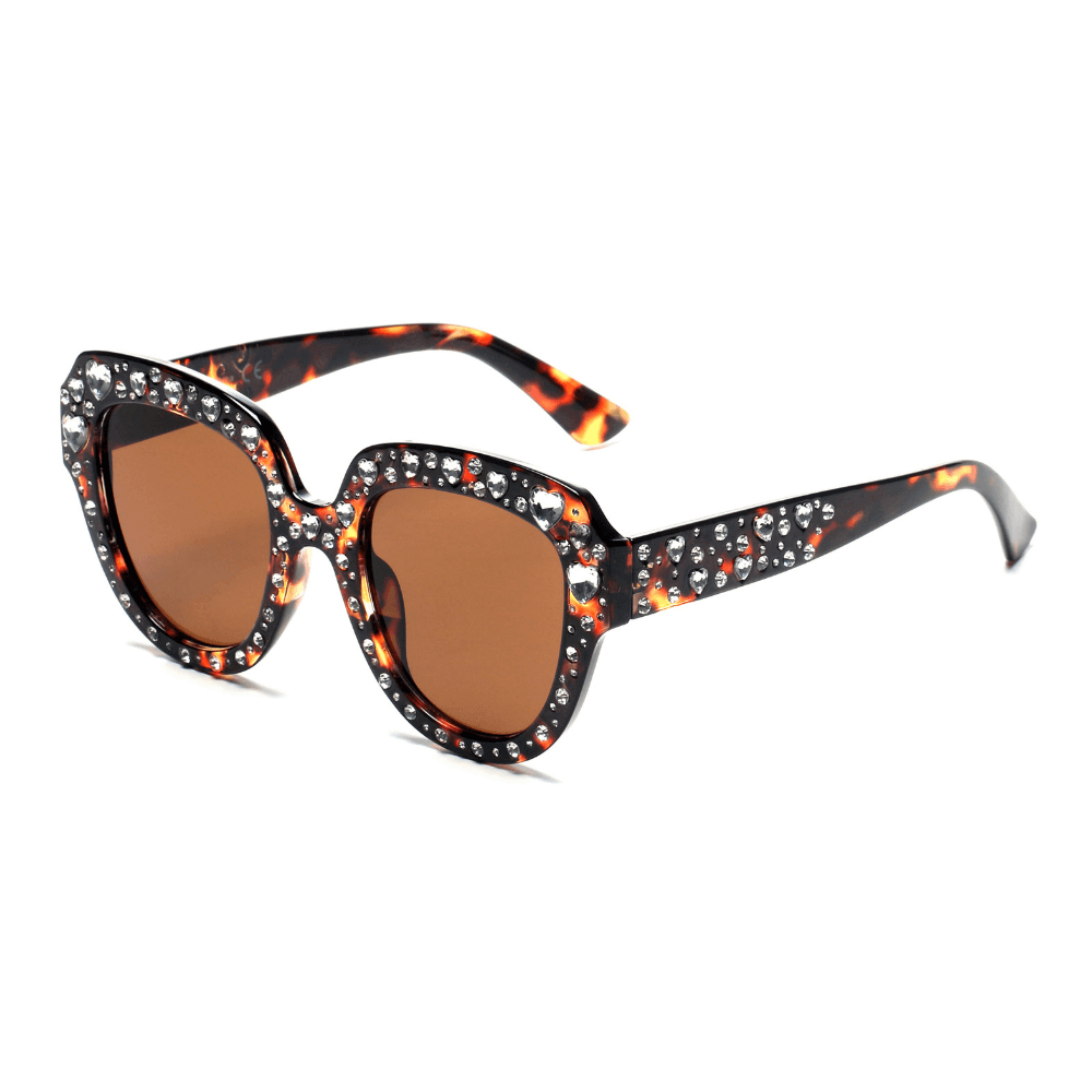 Stylish Ocala Women Round Cat Eye Fashion Sunglasses with rhinestones on frame and temple arms, perfect for a glamorous look.