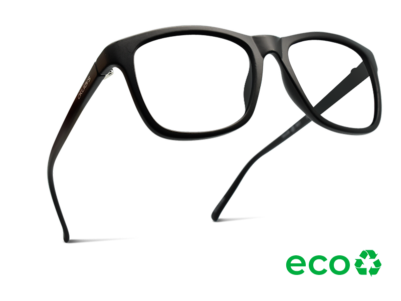 Okulars Eco Nordic Luce Blu - Black glasses with a sleek design, made from recycled materials, displayed with a microfiber case.